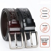 Resim Erkek Vintage Gerçek Deri Kemer, Alaşımlı Kare Toka ile, Oyma Desen Tasarımı - İş ve Günlük Giyim için İdeal, Babalar Günü veya Paskalya için Mükemmel Hediye, Erkekler için Kemer 
