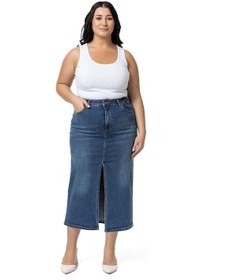 Resim Disentis Büyük Beden Önden Yırtmaç Detaylı Beş Cepli Midi Denim Mavi Etek-mavi Mavi 