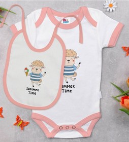 Resim Bk Kids Summer Time Tasarımlı Pembe Bebek Body Zıbın Ve Mama Önlüğü Hediye Seti-1 Çok Renkli 