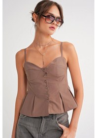 Resim Mixray 4737 Kadın Düğmeli Kuplu Pileli Bluz Moka 