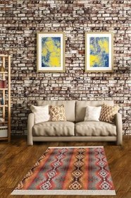 Resim Pelangi Kilim Desenli Etnik Dijital Baskı Yıkanabilir Kaymaz Taban Modern Salon Halı Ve Yolluk, Turuncu-Bej 80 x 600 