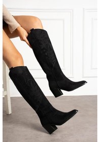 Resim Shoetek Lovasina Kadın Çizme Kovboy Desen Dikişli Siyah Süet Siyah Suet 