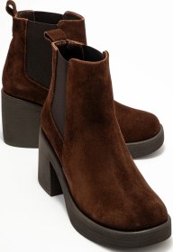 Resim Lysa Kahverengi Süet Lastikli Hakiki Deri Kadın Platform Topuklu Bot Süet Kahve 