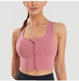 Resim Büyük Boy Kadın Longline Ön Fermuar Spor Sutyeni Geniş Askı Sutyen Toplanan Push Up Iç Çamaşırı Darbeye Dayanıklı Spor Yoga Yeleği Çapraz Geri Sütyen Pembe 