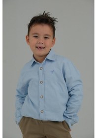 Resim Açık Mavi Renk Düz Uzun Kollu Erkek Çocuk Gömlek-221 Beyaz 