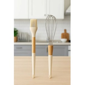 Resim 2'li Isıya Dayanıklı Yanmaz Yapışmaz Bambu Saplı Servislik Metal Çırpma Teli-Silikon Yumurta Fırçası 