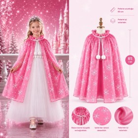 Resim Varyant Store Kar Tanesi Desenli Pembe Elsa Pelerini - Astarlı Frozen Pelerini 85 cm 