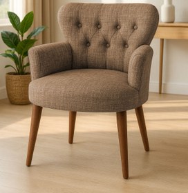 Resim Azra Mobilya Kahverengi Keten Kumaş Tekli Koltuk Berjer - Cafe Koltuğu - Bekleme Koltuğu - Ceviz Ayak 