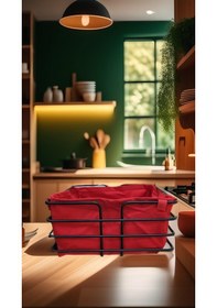 Resim Singl Siyah Metal Kare Lüx Kumaş Meyvelik Ekmek Sepeti Kırmızı 