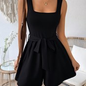 Resim Yetişkin Kadınlar İçin Kemerli Şık Kare Yaka Düz Renk Polyester Culottes - Yaz Modası 