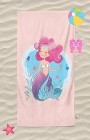 Resim Deniz Kızı Mermaid Kız Çocuk Desenli Baskılı Plaj Havlusu Kız Çocuk Plaj Havlusu Beach Towel 