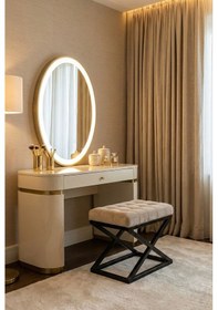 Resim Nexus Babyface Kapitoneli Puf - Siyah Metal X Ayaklı Modern Bench 50x40 Cm Bej 