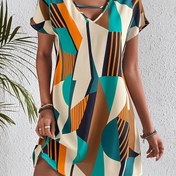 Resim Kadınların şık geometrik desenli A-Line elbisesi, %100 polyester, yaz sevgili boyun hattı, dokuma kumaş, hafif 100 g/m², yetişkinler için moda dans elbisesi 