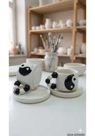 Resim El Yapımı Yın Yang Temalı Duble 2 Parçalı 2 Kişilik Seramik Kahve Fincanı Takımı 200 Ml. Beyaz - Siyah 