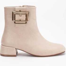 Resim Bej Kadın Kısa Topuklu Bot Küt Burun Metal Aksesuarlı Suni Deri-4195 Bej 