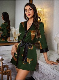 Resim Genel Markalar Leoparlı Haki Renk Saten Mini Kimono Sabahlık 