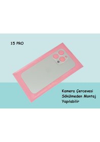 Resim Tkgz Apple Uyumlu iPhone 15 Pro Arka Pil Batarya Kapağı - Cam Kapak Geniş Lens Deliği - Gri Çok Renkli 