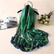 Resim Yeşil Tavuskuşu Tüyü Baskılı Şal Boho Vintage Şal Kadınlar Rahat Rüzgar Geçirmez Baş Sarma Seyahat Plaj Havlusu 