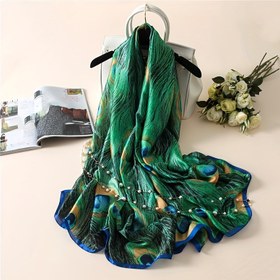 Resim Yeşil Tavuskuşu Tüyü Baskılı Şal Boho Vintage Şal Kadınlar Rahat Rüzgar Geçirmez Baş Sarma Seyahat Plaj Havlusu 