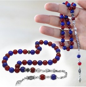 Resim Kararmaz Metal Arnavut Zincir Püsküllü Küre Kesim Bordo Mavi Jade Doğaltaş Taraftar Tesbih M1 Bordo - Mavi 