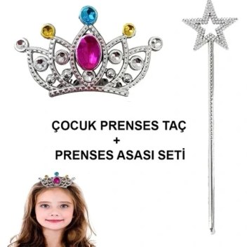 Çocuklar Için Taraklı Prenses Tacı ve Prenses Yıldız Asa Seti Gümüş