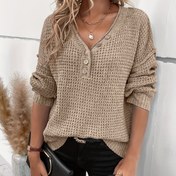 Resim Kadınlar İçin Şık V Yaka Kazak - Esnek ve Rahat Omuz Kesimli, Düğme Detaylı Uzun Kollu Sonbahar/Kışlık Giysi, Tek Renkli Örgü Üst, Dokulu Kumaş 