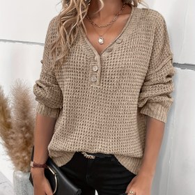 Resim Kadınlar İçin Şık V Yaka Kazak - Esnek ve Rahat Omuz Kesimli, Düğme Detaylı Uzun Kollu Sonbahar/Kışlık Giysi, Tek Renkli Örgü Üst, Dokulu Kumaş 