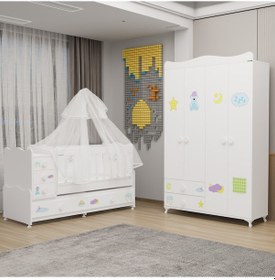 Resim Melina Yıldız 4 Kapaklı Dolap Takım + Yatak + Uyku Seti - Uykucu Beyaz 