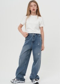 Resim HayKids Bayramlık Unisex Çocuk Mavi Jean Geniş Paça Bol Kesim Baggy Alt Giyim Kot Pantolon 