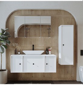 Resim Lavabolu Mdf 120 Cm Çekmeceli Dolap + Aynalı Üst Dolabı Beyaz Mat Beyaz 