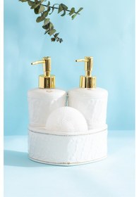 Resim Porsima 3117 Gold Kapaklı Porselen Süngerli 2li Sıvı Sabunluk Beyaz 350+350 Ml Açık Gri - Beyaz 