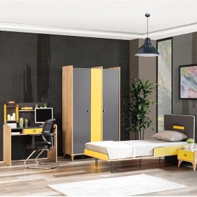 Resim Tarz Genç Odası Takımı, Dolap Karyola Çalışma Masası Komodin Sarı 