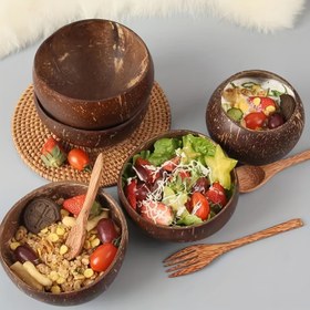 Resim 4'lü set, iki hindistan cevizi kasesi ve iki ahşap kaşık, hindistan cevizi kasesi ve ahşap kaşık seti, sağlıklı vejetaryen salata kasesi seti, dondurma kasesi, doğal hindistan cevizi kasesi 