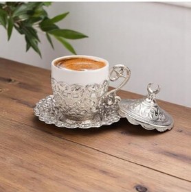 Resim Hilal Motifli Türk Kahvesi Fincanı Ve Tabağı Gövde, Porselen İç Kupa Geleneksel Gelincik Model Tekli Gümüş Rengi Açık Gri 