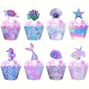 Resim 16 adet (8 set) Denizkızı Temalı Cupcake Toppers ve Kapakları, Yaratıcı Deniz Kabukları ve Tuzgarları ile, Denizkızı Doğum Günü Partileri, Düğünler ve Bebek Duşları için Kekleri Süslemek için Mükemmel. 