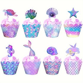 Resim 16 adet (8 set) Denizkızı Temalı Cupcake Toppers ve Kapakları, Yaratıcı Deniz Kabukları ve Tuzgarları ile, Denizkızı Doğum Günü Partileri, Düğünler ve Bebek Duşları için Kekleri Süslemek için Mükemmel. 