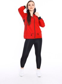 Resim Escetic Kırmızı Kadın Spor Kapişonlu Su Itici Rüzgarlık Fermuarlu Ince Ceket 6560 