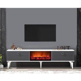 Resim Arona Tv Sehpası Alt Modül Şömineli Beyaz Antrasit 