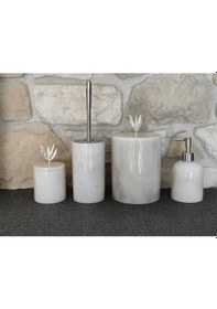 Resim Beyaz Mermer Gümüş Zeytin Dalı Aksesuarlı 4'lü Banyo Seti Beyaz 