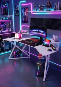 Resim Karr Gaming Vortex 25mm Kanatlı Oyuncu Masası | Beyaz Karbon Fiber Kaplama | Raflı Oyuncu Masası 