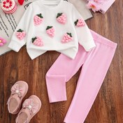 Resim Sonbahar-Kış Kızlar İçin Şık Basit Çok Yönlü Zarif Yumuşak Tarz, Zarif 3D Çilek Desenli Yuvarlak Yaka Uzun Kollu Sweatshirt, Dar Kesim Esnek Tayt, Günlük Gezi, Tatil, Parti, Açık Hava Aktiviteleri, Rahat İki Parça Takım, Hediye Olarak Uygun, Açık Hava İçin Mükemmel 