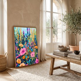 Resim Abstract Flower Field Print - Vibrant Botanical Painterly Wall Art - Wooden Frame - Black / 8,3 x 11,7" (21x30) 