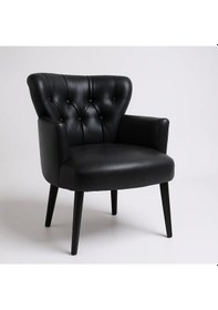 Resim Waterybrook Tekli Berjer Koltuk - Kapitoneli Suni Deri - Siyah Ahşap Ayaklı - Modern Tasarım Siyah 