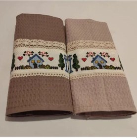 Resim Uretti - Pınar 6788 5216 El Yapımı 2'li Kanaviçe İşlemeli Dantelli Mutfak Kurulama Bezi Kahverengi 