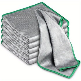 Resim 6 adet Çizgisiz Mikrofiber Cam Parlatma Bezleri, Mutfak, Aynalar ve Gözlükler için Tüysüz Temizlik Bezleri, 30.48cm x 30.48cm, Yeşil Kenarlı Gri, Ultra Emici ve Çiziksiz, Mutfak Temizlik Yardımcıları | Düzgün Görünüm | Tüysüz Kumaş 