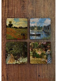 Resim Doğal Taş Bardak Altlığı Uv Baskılı 4'lü Set Claude Monet - Stone Coasters Çok Renkli 