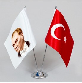 Resim Atatürk Masa Bayrağı-3 İkili 15x22,5 cm.(Direkli) 