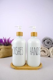 Resim Digithome 2’li Ahşap Standlı Cam Sıvı Sabun ve Bulaşık Deterjanı Şişesi Sabunluk Beyaz 500 Ml - G/13 C1-1-289 