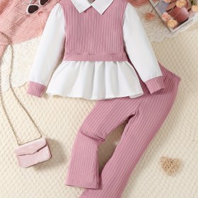 Resim Genç Kızlar İçin Yaka Detaylı Uzun Kollu Gömlek ve Kabartmalı Örgü Pantolon İki Parça Takım, Sonbahar/Kış Mevsimi için Mükemmel 