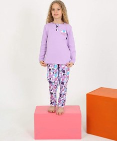 Resim Kız Çocuk Uzun Kollu %100 Pamuklu Düğme Detaylı Pijama Takımı Love Me Lila 